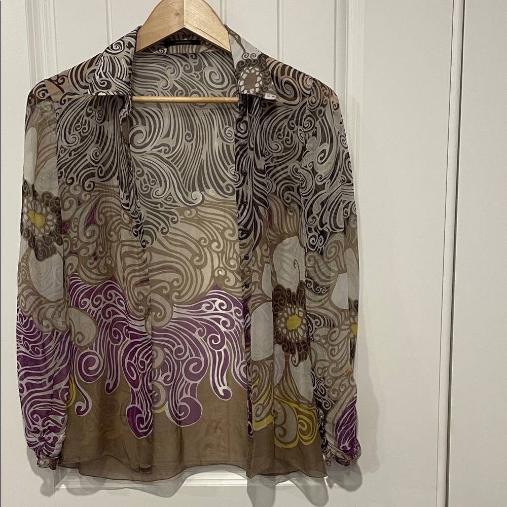 Elie Tahari Brown and Cream Swirl Pattern Blouse - Picture 3 of 10